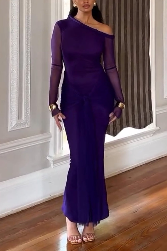 Elegant One-Shoulder Mesh Sleeve Maxi Dress