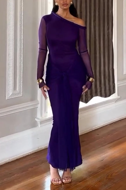 Elegant One-Shoulder Mesh Sleeve Maxi Dress