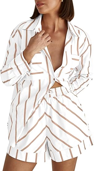 Striped 2 Piece Outfits Button Down Shirts and Shorts Lounge Matching Sets