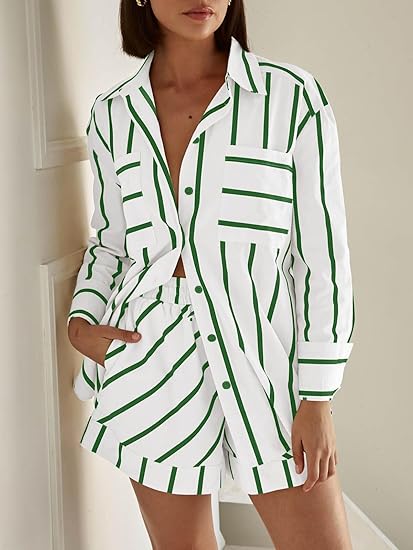Striped 2 Piece Outfits Button Down Shirts and Shorts Lounge Matching Sets