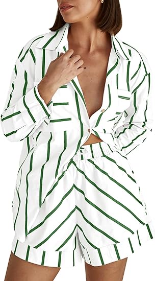 Striped 2 Piece Outfits Button Down Shirts and Shorts Lounge Matching Sets