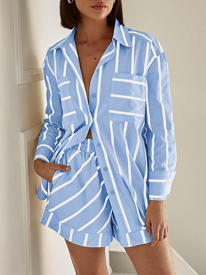 Striped 2 Piece Outfits Button Down Shirts and Shorts Lounge Matching Sets