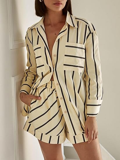 Striped 2 Piece Outfits Button Down Shirts and Shorts Lounge Matching Sets