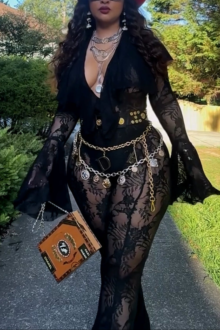 Elegant Sheer Lace Flare Jumpsuit with Deep V Neck