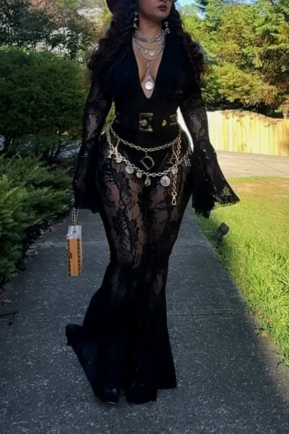 Elegant Sheer Lace Flare Jumpsuit with Deep V Neck