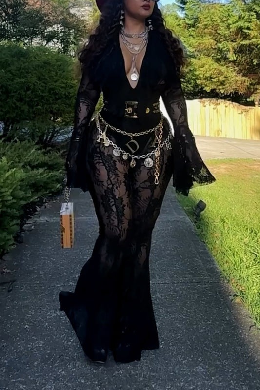 Elegant Sheer Lace Flare Jumpsuit with Deep V Neck