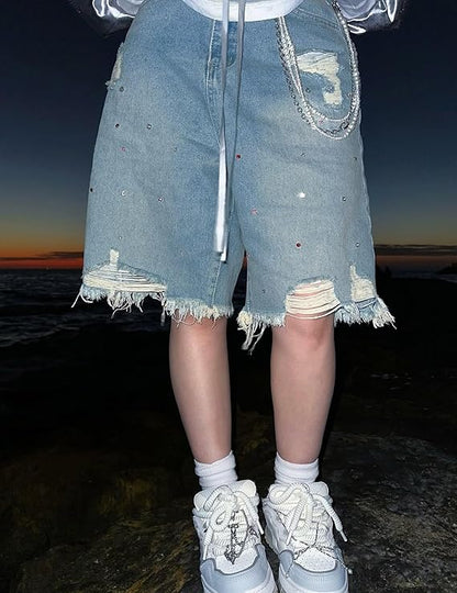 Crystal Stud Bermuda Jorts – Oversized Street Denim