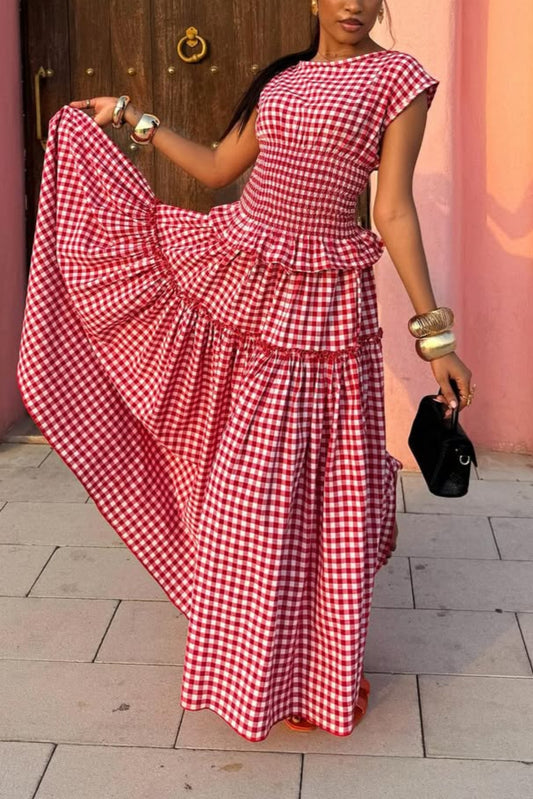 Red Gingham Tiered Maxi Dress