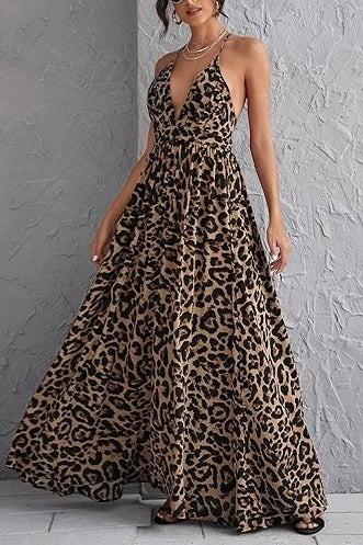 Deep V Neck Leopard Crisscross Backless Beach Maxi Dress
