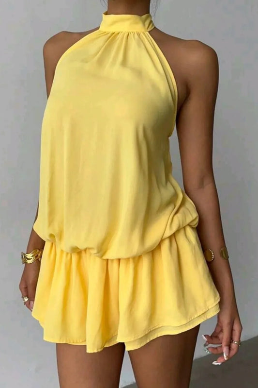 Chic Yellow Halter Neck Flowy Mini Dress