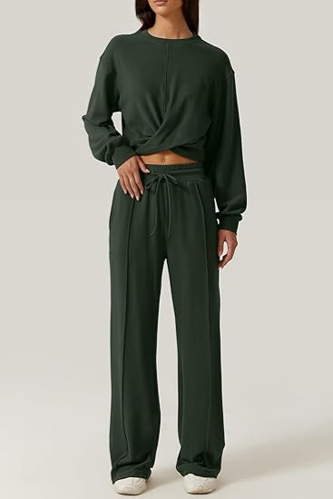 2 Piece Outfits Sweatsuit Set Twist Front Cropped Sweatshirt Wide Leg Sweatpant