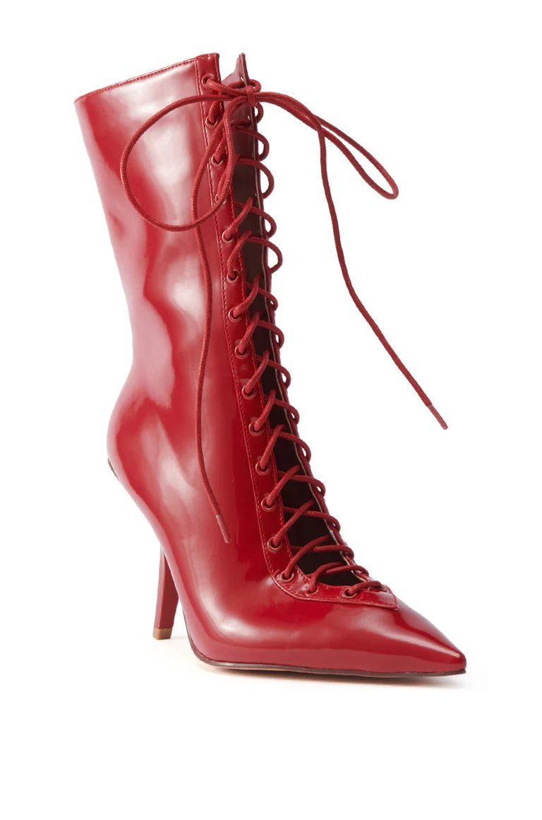 Red Lace Up Stiletto Bootie