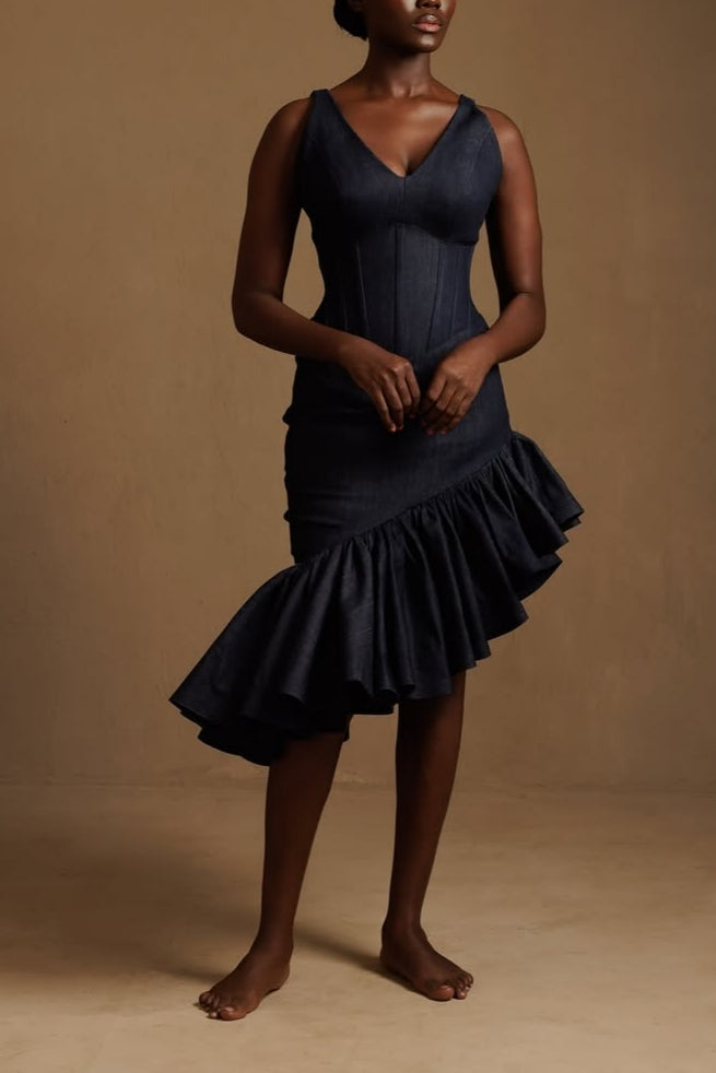 Denim Corset Ruffle Hem Dress