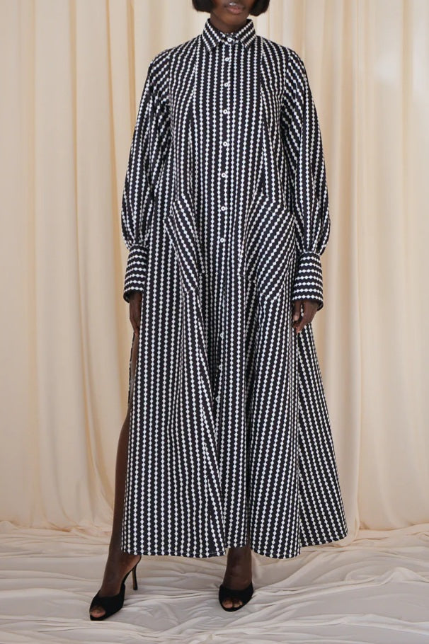 Maxi Flared Shirt Dress in Black & White Diamond Stripes