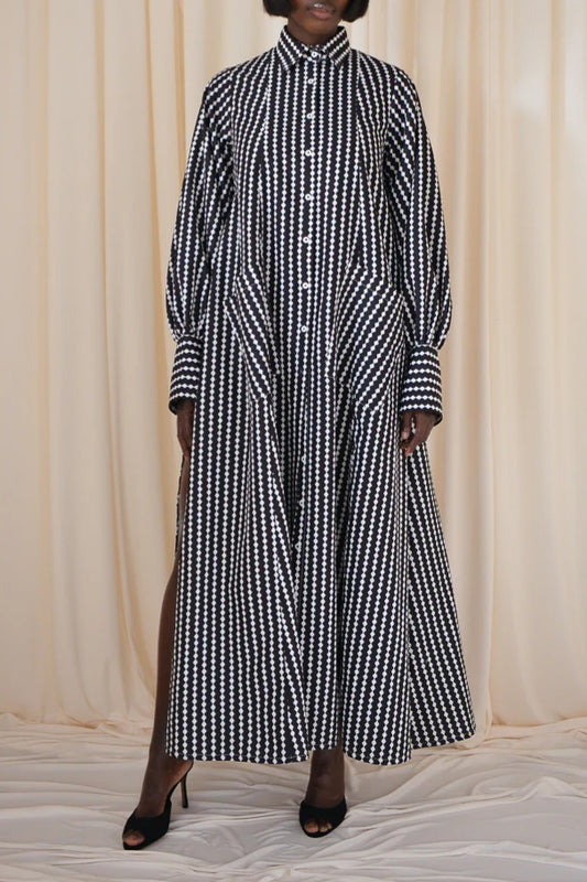 Maxi Flared Shirt Dress in Black & White Diamond Stripes