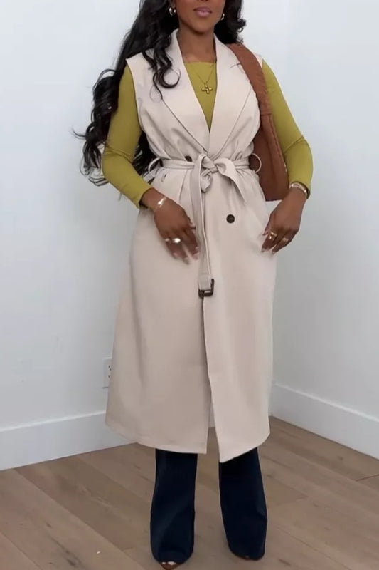 Long Vest Casual Double Breasted Sleeveless Trench Coat Jackets