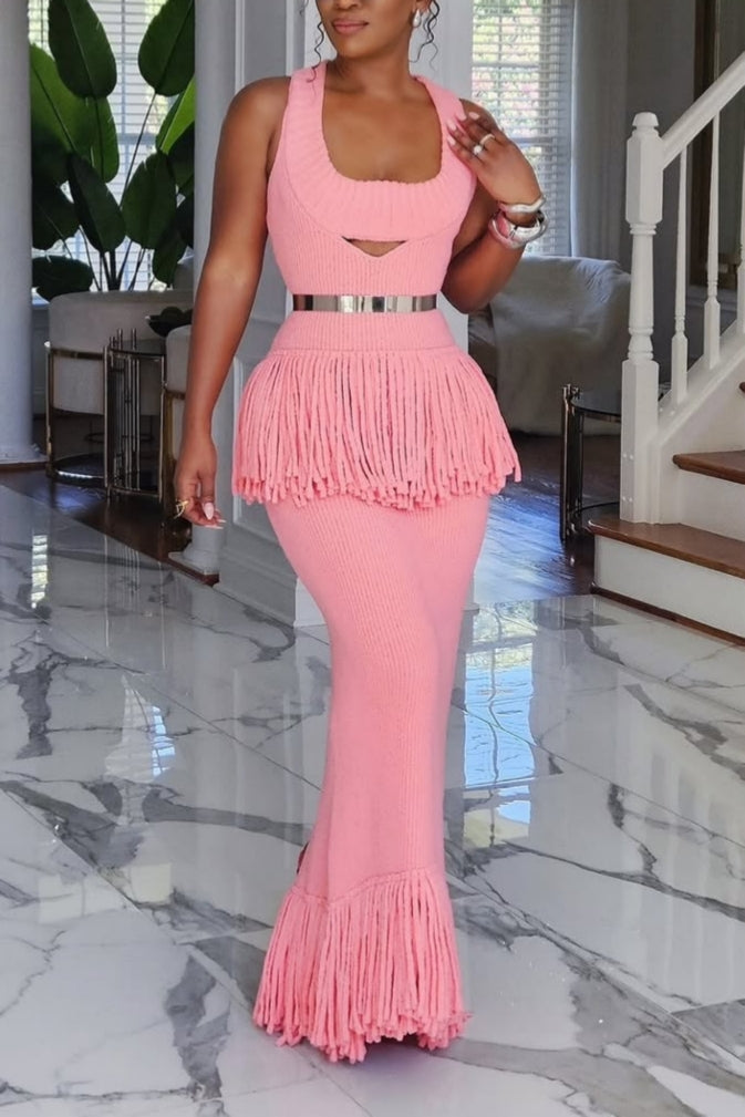 Fringe Hem Knitted Maxi Dress in Pink