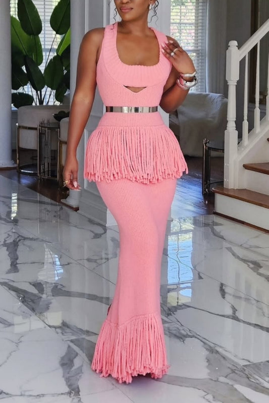 Fringe Hem Knitted Maxi Dress in Pink