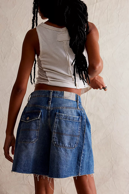 Raw Hem Wide-Leg Denim Bermuda Shorts