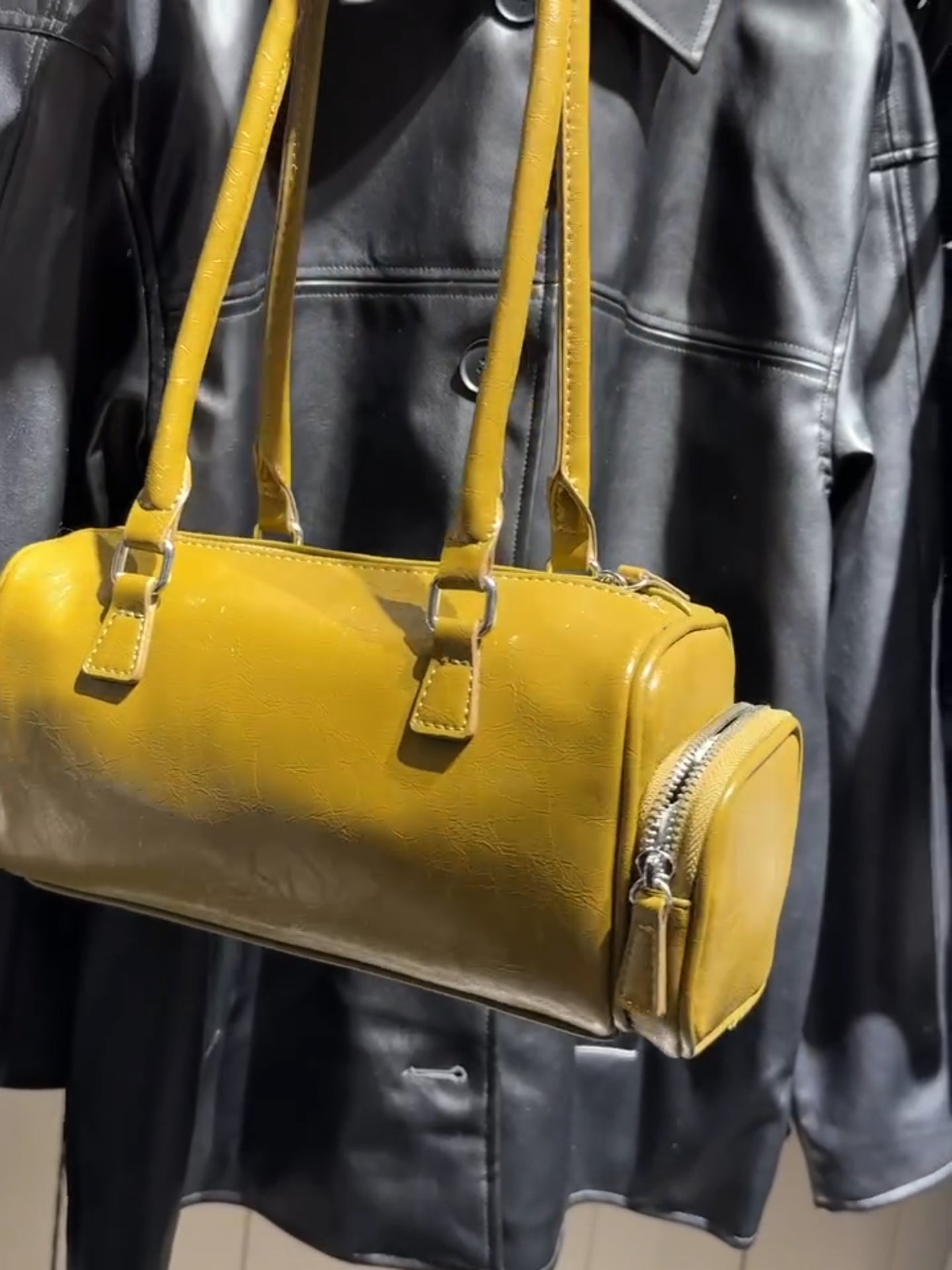 Vintage Cylinder Leather Shoulder Bag with Side Zipper Pockets