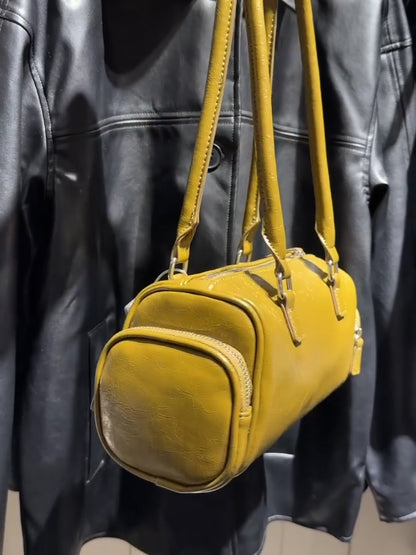 Vintage Cylinder Leather Shoulder Bag with Side Zipper Pockets