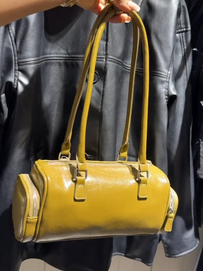 Vintage Cylinder Leather Shoulder Bag with Side Zipper Pockets