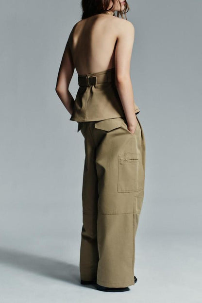 Pocket Halter Top & Pleated Cargo Pants Set