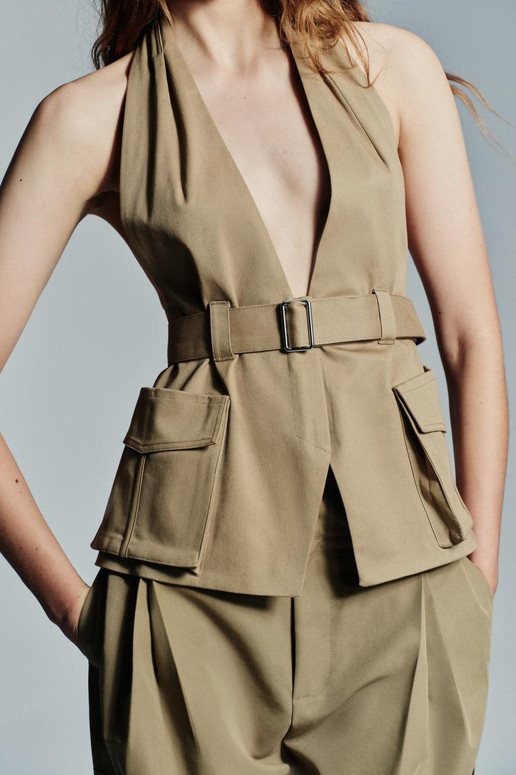 Pocket Halter Top & Pleated Cargo Pants Set