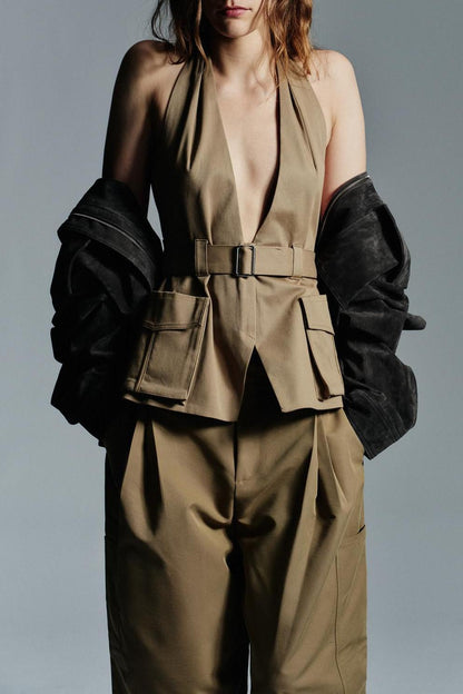 Pocket Halter Top & Pleated Cargo Pants Set