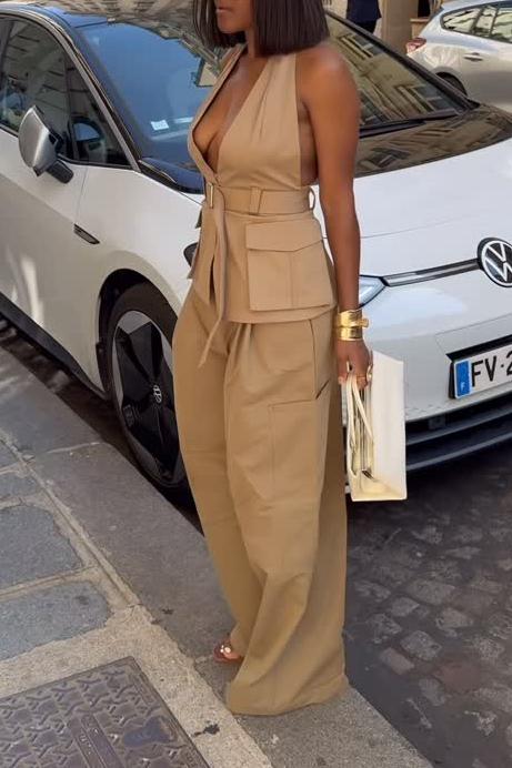 Pocket Halter Top & Pleated Cargo Pants Set