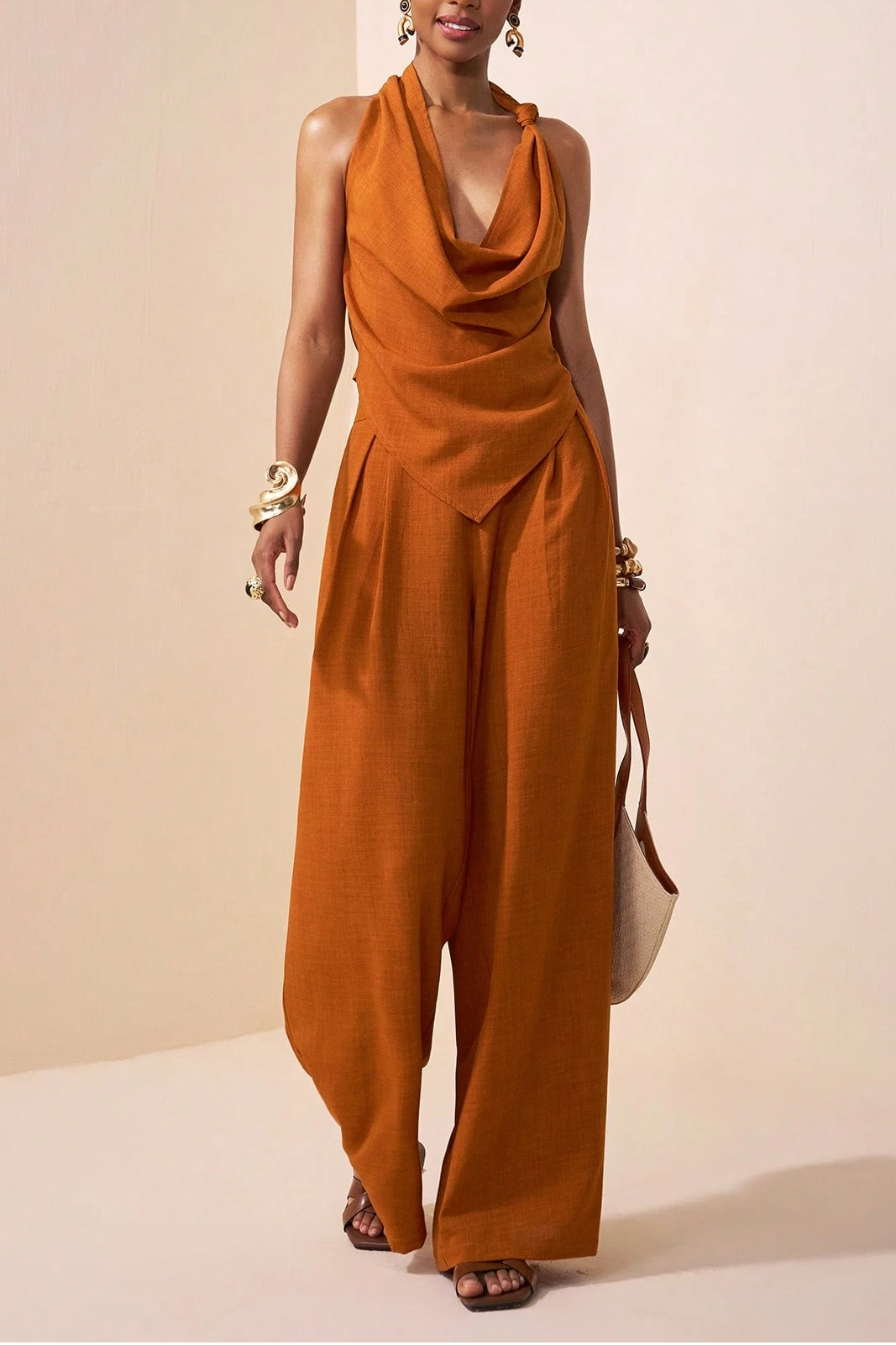 Tie Knot Design Brown Textured Crop Top & Wide Leg Linen Pants 2-Piece Set