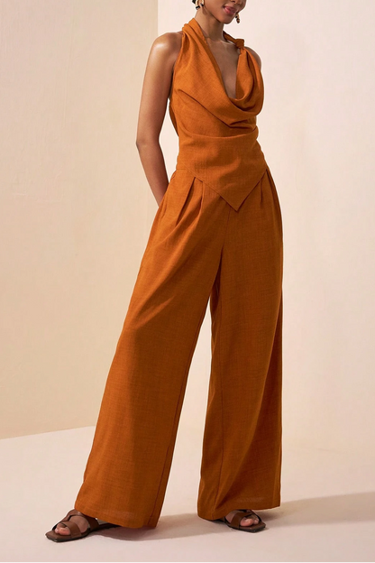 Tie Knot Design Brown Textured Crop Top & Wide Leg Linen Pants 2-Piece Set
