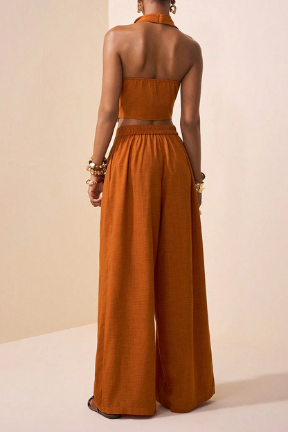 Tie Knot Design Brown Textured Crop Top & Wide Leg Linen Pants 2-Piece Set