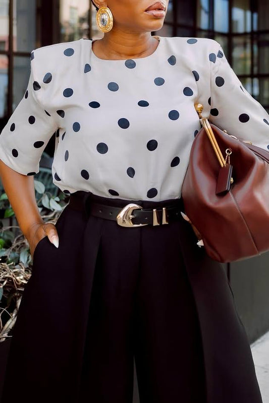 Satin Shoulder Pads T-shirt In Cream Polka Dots