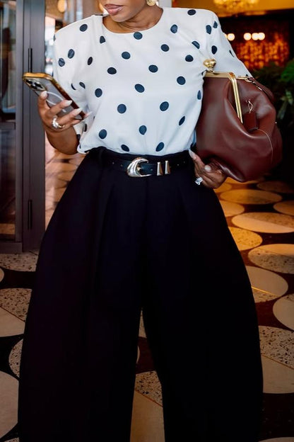 Satin Shoulder Pads T-shirt In Cream Polka Dots