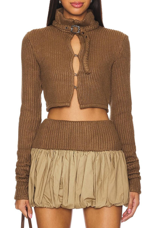 Cut-Out Buckle Detail Cropped Knit Cardigan