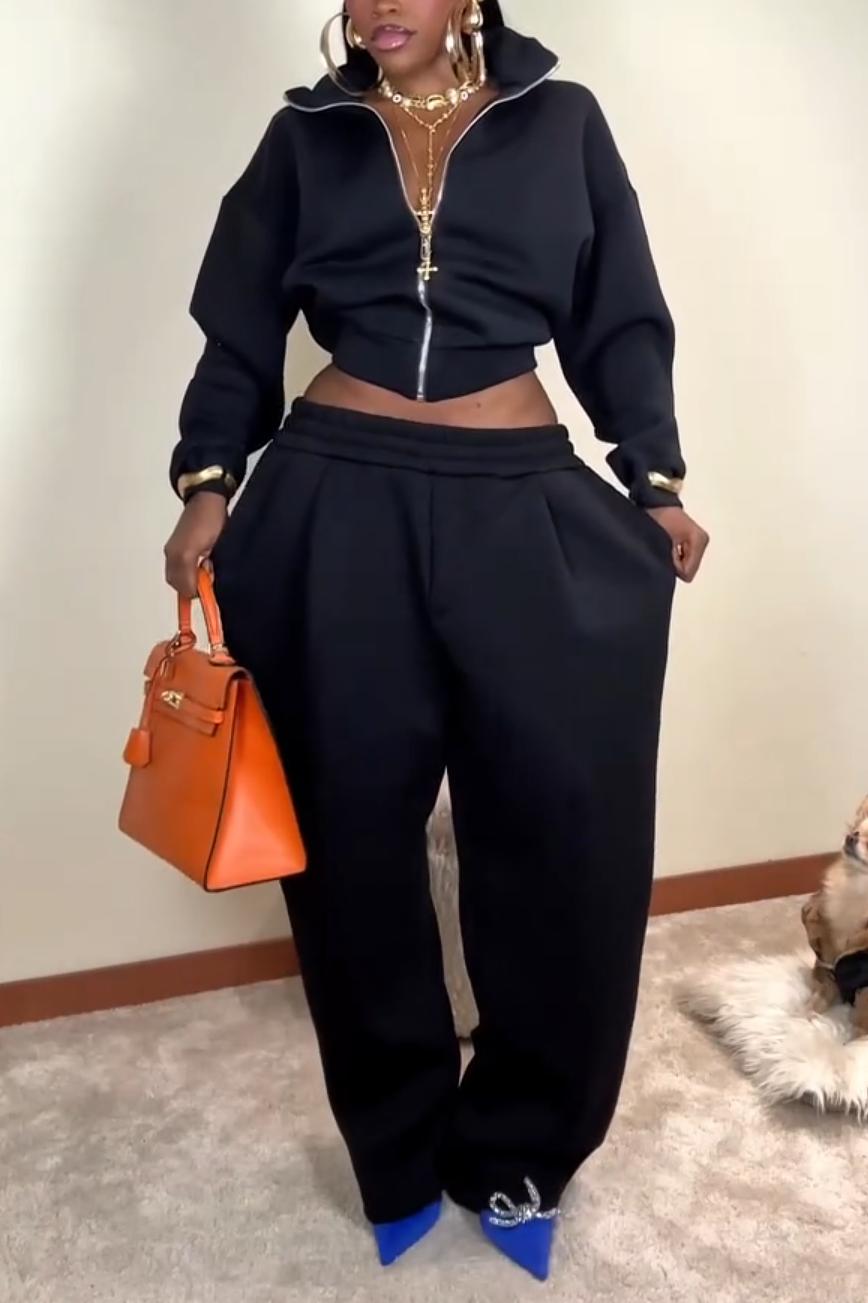 Women's Casual Two-Piece Tracksuit – Cropped Zip Hoodie & Wide-Leg Sweatpants