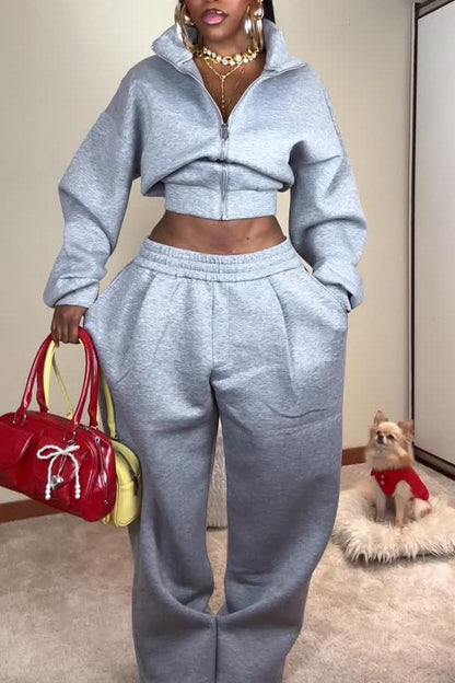 Women's Casual Two-Piece Tracksuit – Cropped Zip Hoodie & Wide-Leg Sweatpants