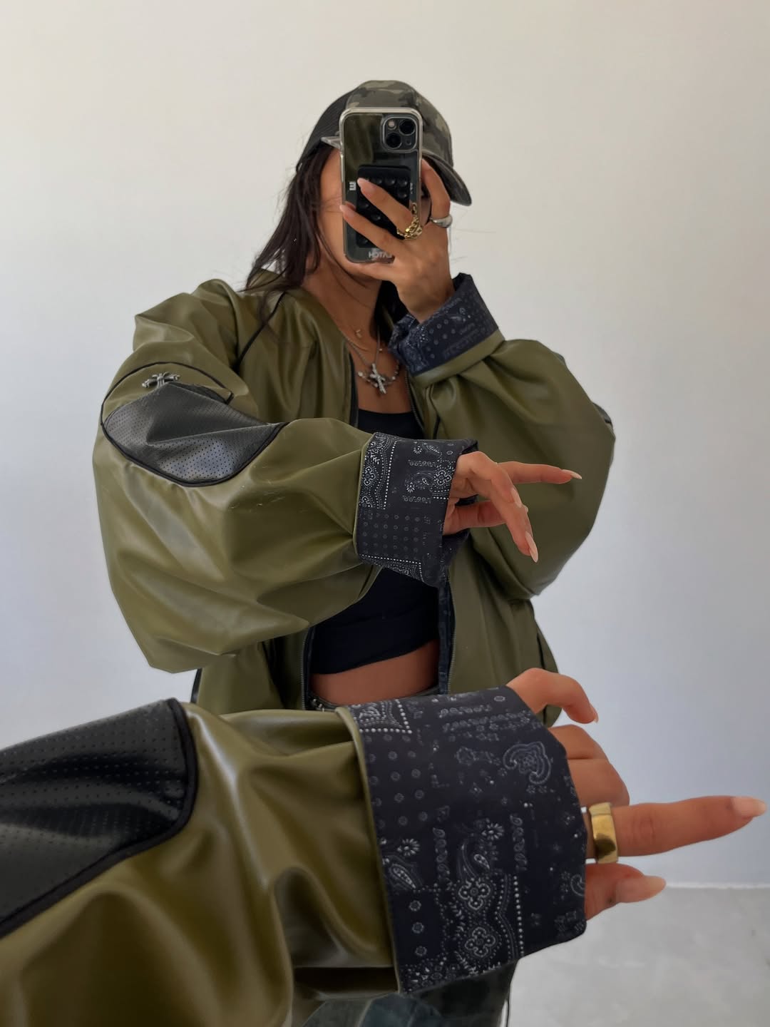 Oversized Army Green Faux Leather Bomber Jacket
