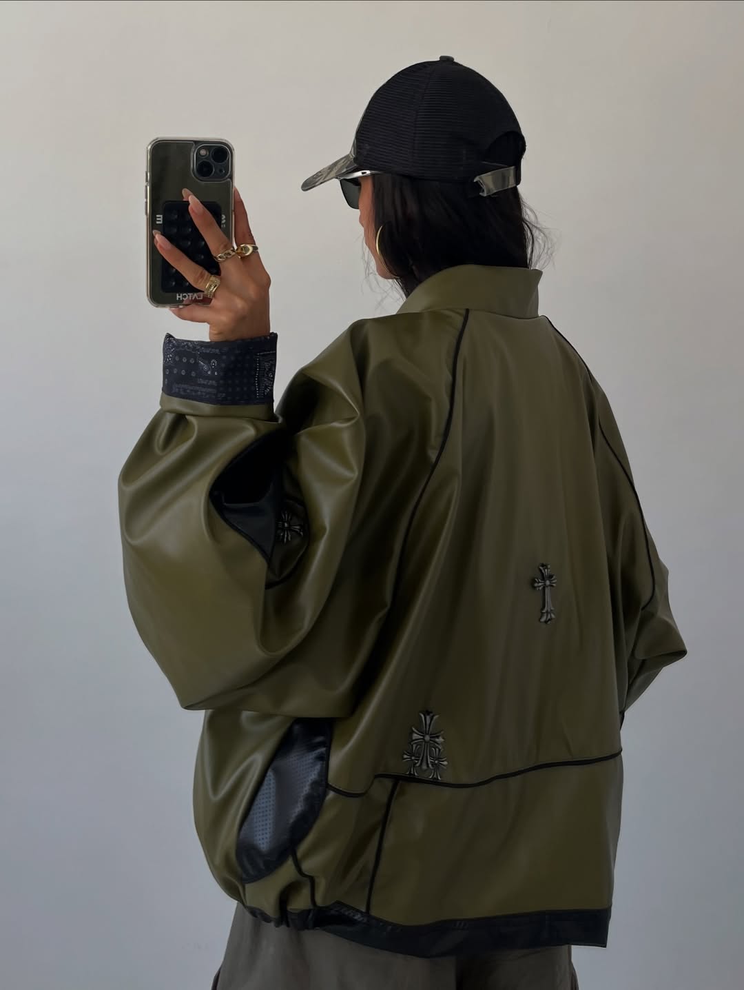 Oversized Army Green Faux Leather Bomber Jacket