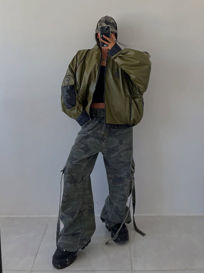 Oversized Army Green Faux Leather Bomber Jacket