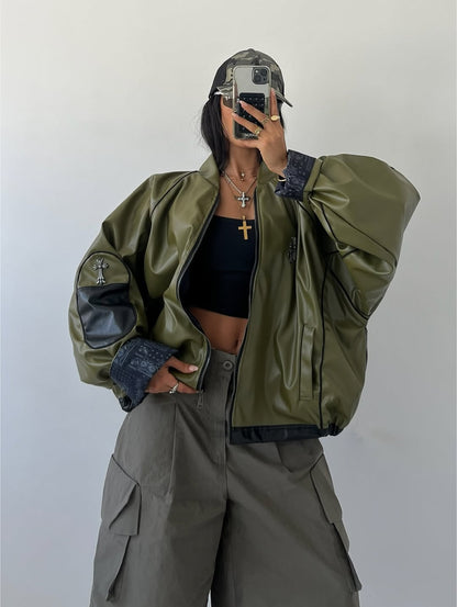 Oversized Army Green Faux Leather Bomber Jacket