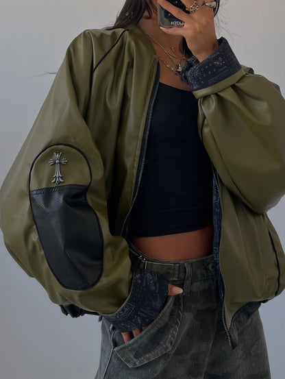 Oversized Army Green Faux Leather Bomber Jacket