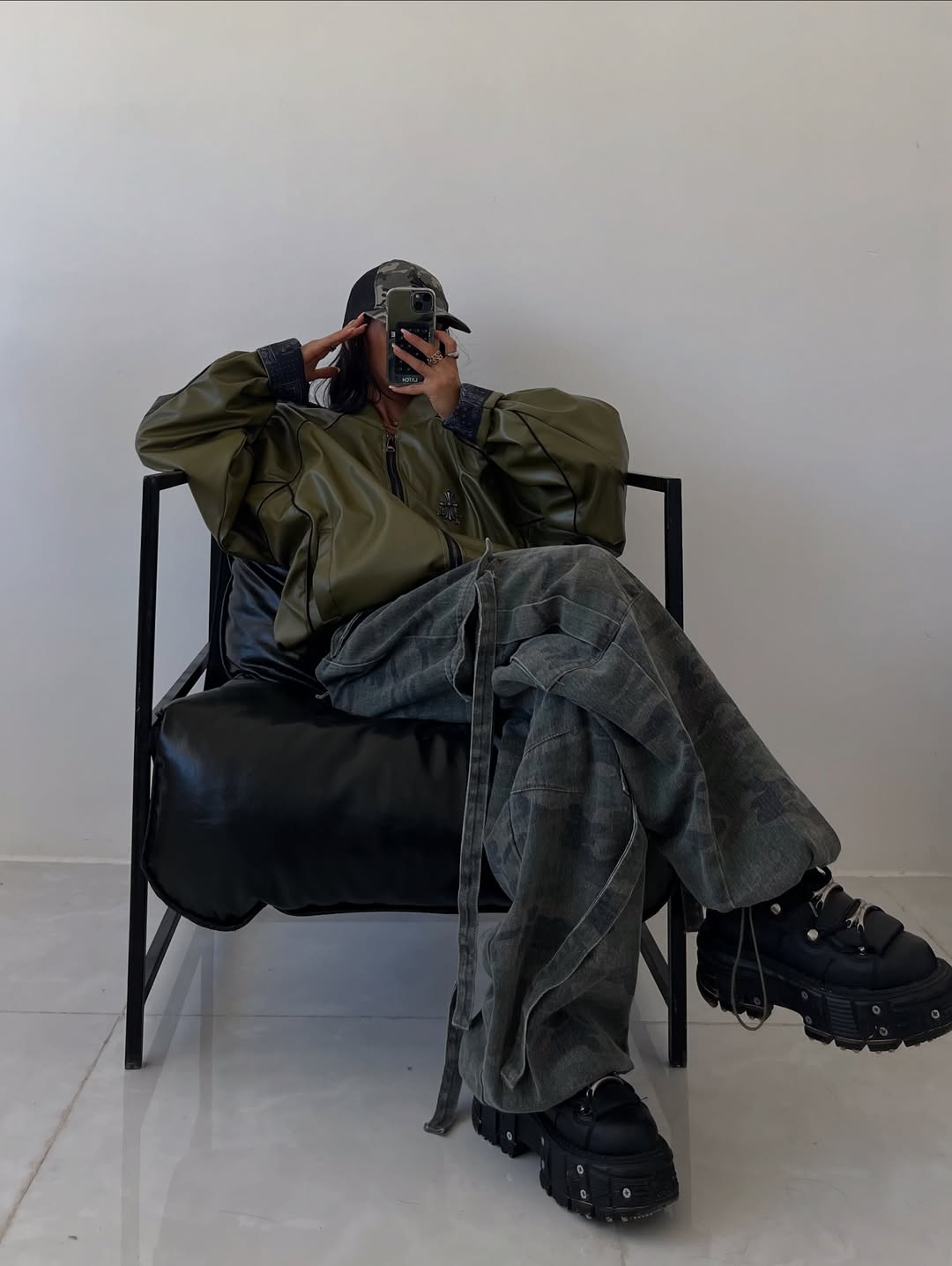 Oversized Army Green Faux Leather Bomber Jacket