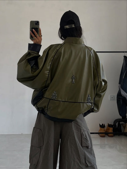 Oversized Army Green Faux Leather Bomber Jacket