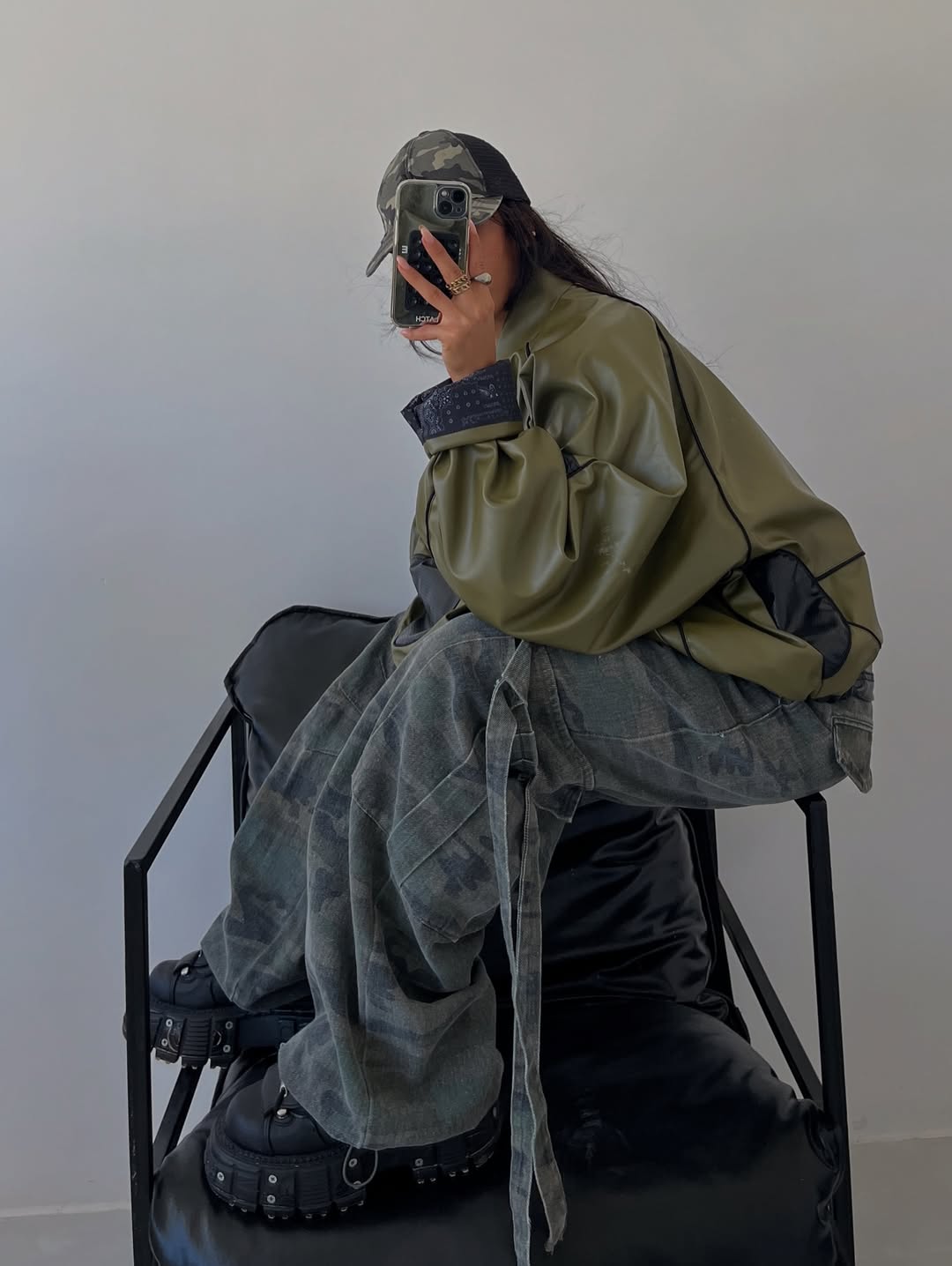 Oversized Army Green Faux Leather Bomber Jacket