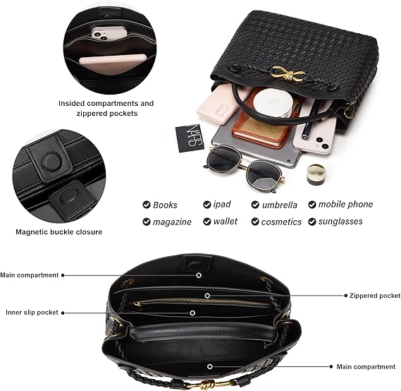 Woven Tote Bag Womens Purse: Vegan Leather Shoulder Handbags