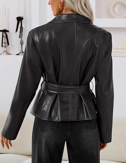 Leather Jacket Casual Belt Button Down Blazer Trendy Coat Outerwear