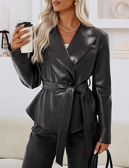 Leather Jacket Casual Belt Button Down Blazer Trendy Coat Outerwear