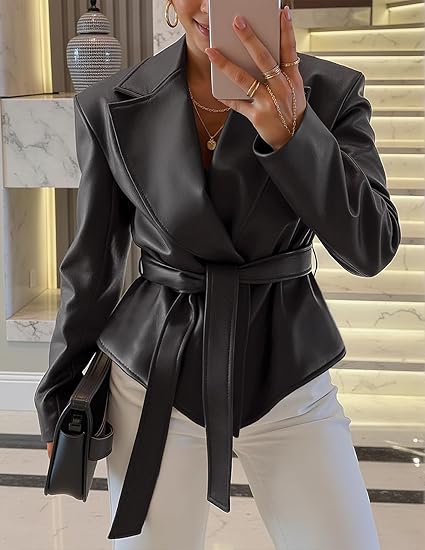 Leather Jacket Casual Belt Button Down Blazer Trendy Coat Outerwear